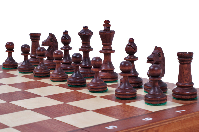 Jeu d'échecs de Tournoi en marqueterie de bois d'acajou et sycomore de taille 4 - Ensemble Complet avec 2 Dames supplémentaires - Jeu d'échecs de Tournoi en marqueterie de bois d'acajou et sycomore de taille 4 - Ensemble Complet avec 2 Dames supplémentaires