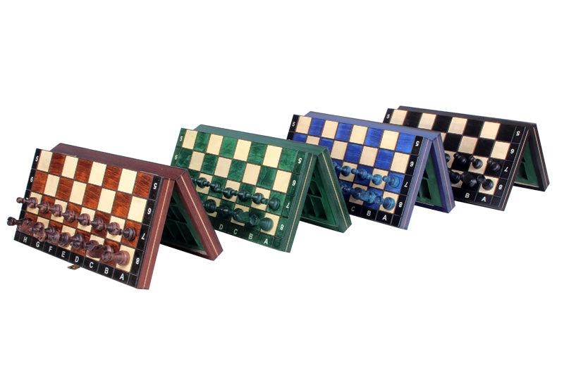 Jeu d'échecs MAGNETIQUE Bleu pliant en bois de charme de petite taille (27 x 27cm) - Ensemble Complet - Jeu d'échecs MAGNETIQUE Bleu pliant en bois de charme de petite taille (27 x 27cm) - Ensemble Complet