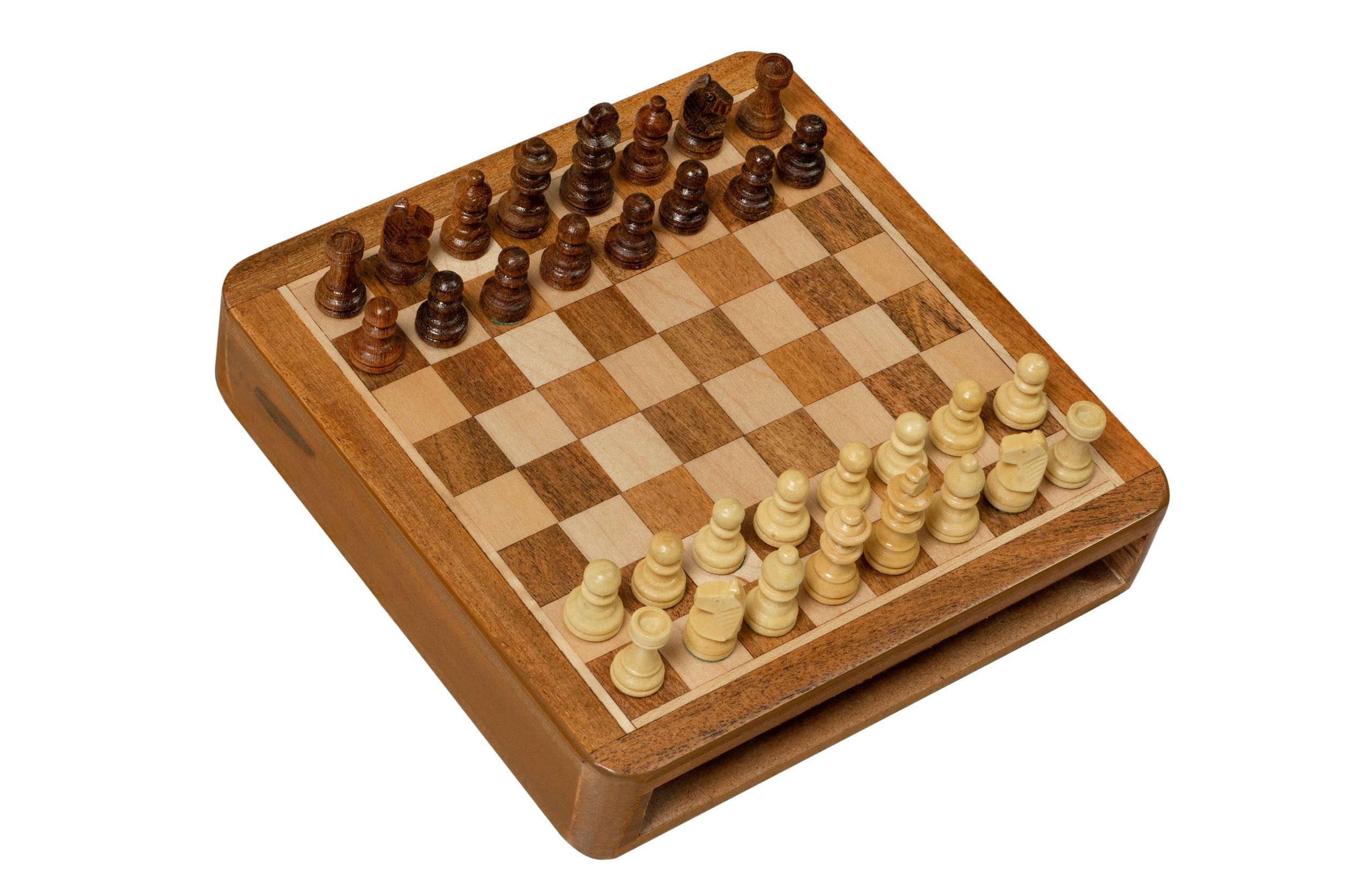 Szachy MAGNETYCZNE 18 cm z intarsjowaną szachownicą i szufladką na figury - Szachy MAGNETYCZNE 18 cm z intarsjowaną szachownicą i szufladką na figury