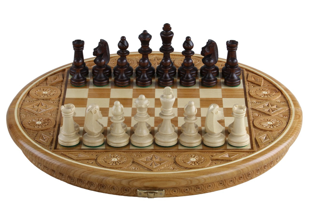 Jeu d'échecs RUBIN en bois de cerisier sauvage avec l'échiquier rond marqueté de bois de ceriser et sycomore, de petite taille (33cm) - Ensemble Complet - Jeu d'échecs RUBIN en bois de cerisier sauvage avec l'échiquier rond marqueté de bois de ceriser et sycomore, de petite taille (33cm) - Ensemble Complet