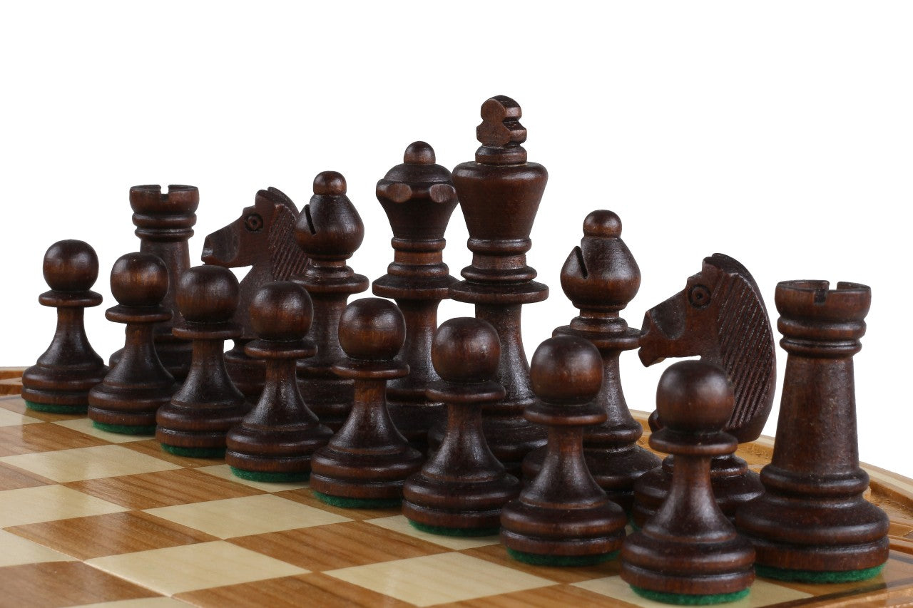 Jeu d'échecs RUBIN en bois de cerisier sauvage avec l'échiquier rond marqueté de bois de ceriser et sycomore, de petite taille (33cm) - Ensemble Complet - Jeu d'échecs RUBIN en bois de cerisier sauvage avec l'échiquier rond marqueté de bois de ceriser et sycomore, de petite taille (33cm) - Ensemble Complet