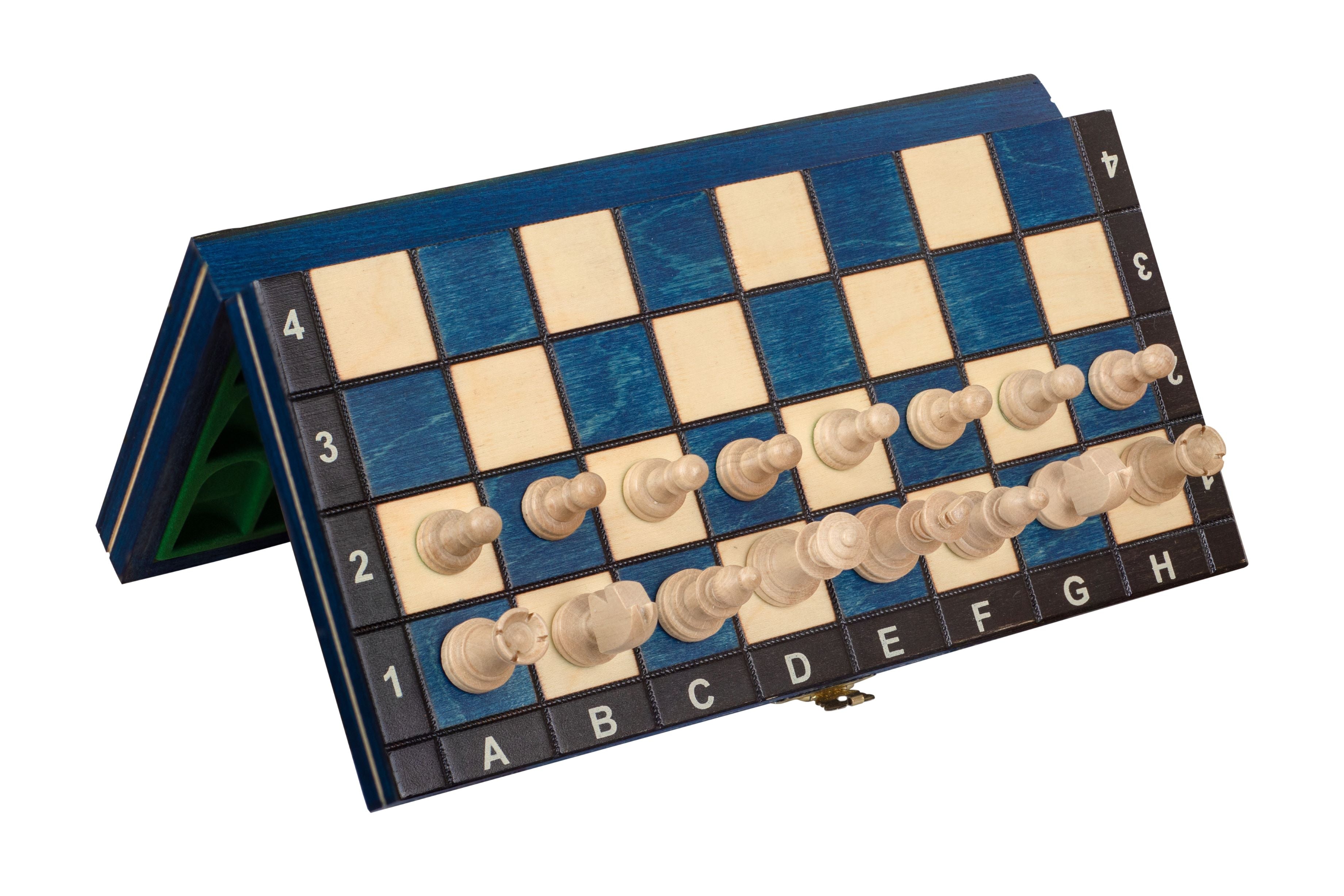Jeu d'échecs MAGNETIQUE Bleu pliant en bois de charme de petite taille (27 x 27cm) - Ensemble Complet - Jeu d'échecs MAGNETIQUE Bleu pliant en bois de charme de petite taille (27 x 27cm) - Ensemble Complet