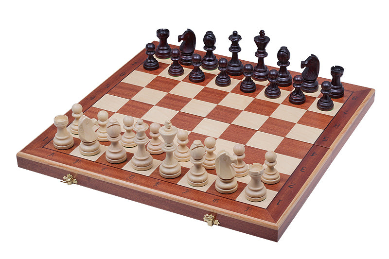 Jeu d'échecs DE TOURNOI No 7 en bois de charme avec l'échiquier en marqueterie de bois d'acajou et sycomore, de grande taille (50 x 50cm) - Ensemble Complet - Jeu d'échecs DE TOURNOI No 7 en bois de charme avec l'échiquier en marqueterie de bois d'acajou et sycomore, de grande taille (50 x 50cm) - Ensemble Complet