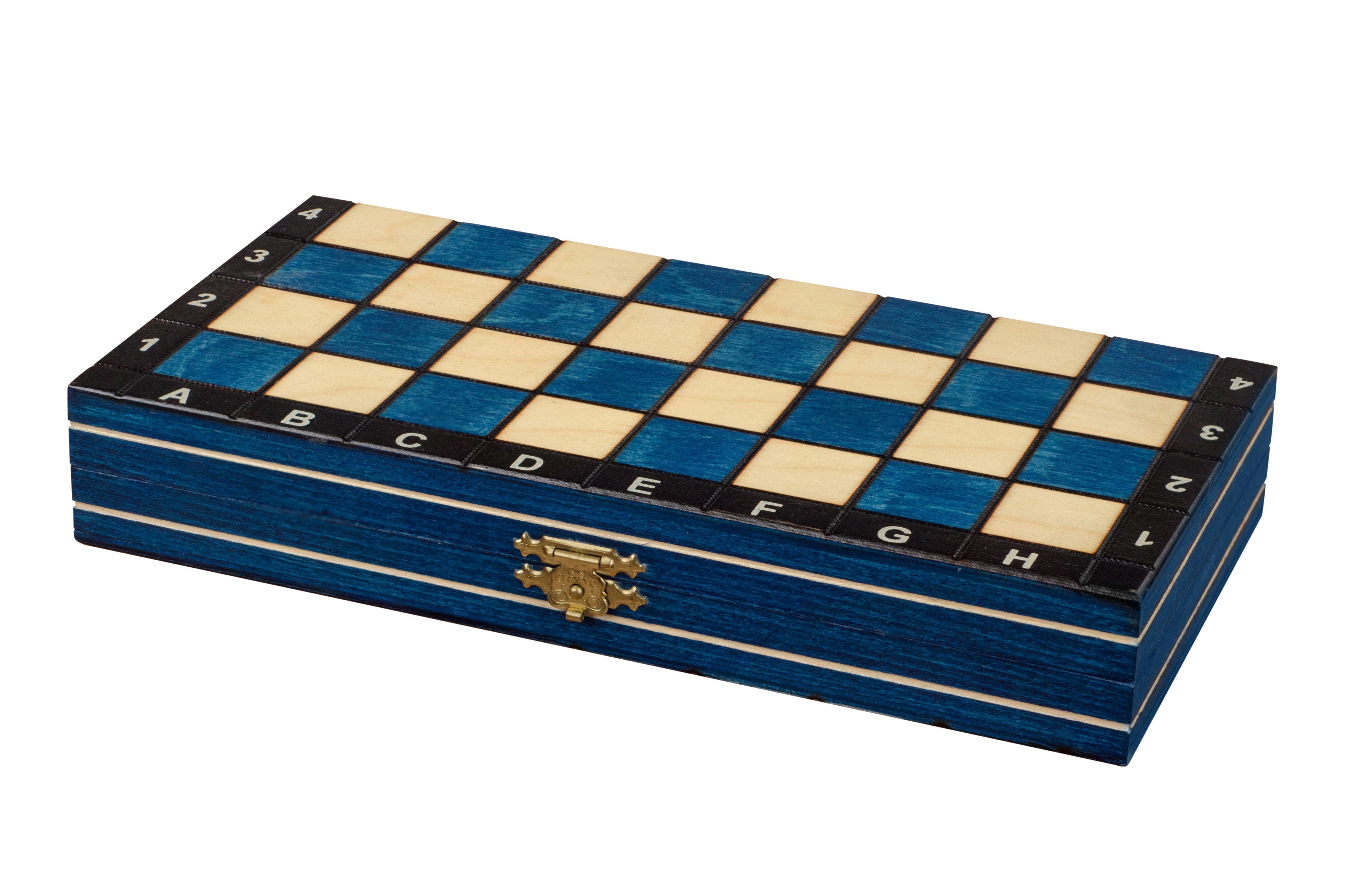 Jeu d'échecs MAGNETIQUE Bleu pliant en bois de charme de petite taille (27 x 27cm) - Ensemble Complet - Jeu d'échecs MAGNETIQUE Bleu pliant en bois de charme de petite taille (27 x 27cm) - Ensemble Complet