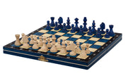 Jeu d'échecs MAGNETIQUE Bleu pliant en bois de charme de petite taille (27 x 27cm) - Ensemble Complet