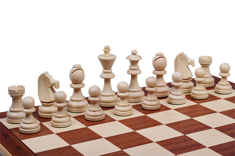 Jeu d'échecs DE TOURNOI No 7 en bois de charme avec l'échiquier en marqueterie de bois d'acajou et sycomore, de grande taille (50 x 50cm) - Ensemble Complet - Jeu d'échecs DE TOURNOI No 7 en bois de charme avec l'échiquier en marqueterie de bois d'acajou et sycomore, de grande taille (50 x 50cm) - Ensemble Complet