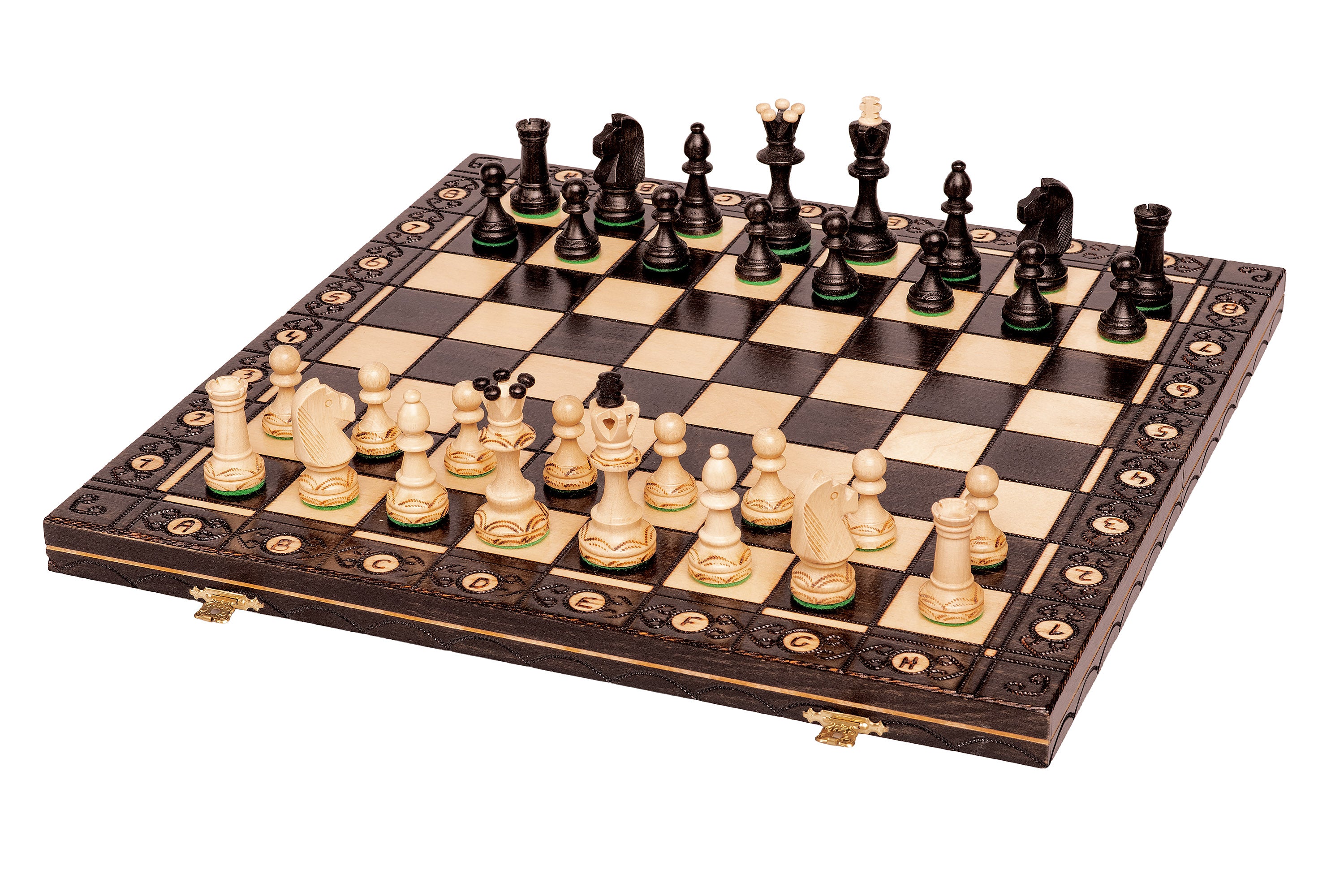 Scacchi in legno SENATOR 42×42 cm — pezzi intagliati, neri (re 80 mm, notazione, pieghevoli) - Scacchi in legno SENATOR 42×42 cm — pezzi intagliati, neri (re 80 mm, notazione, pieghevoli)
