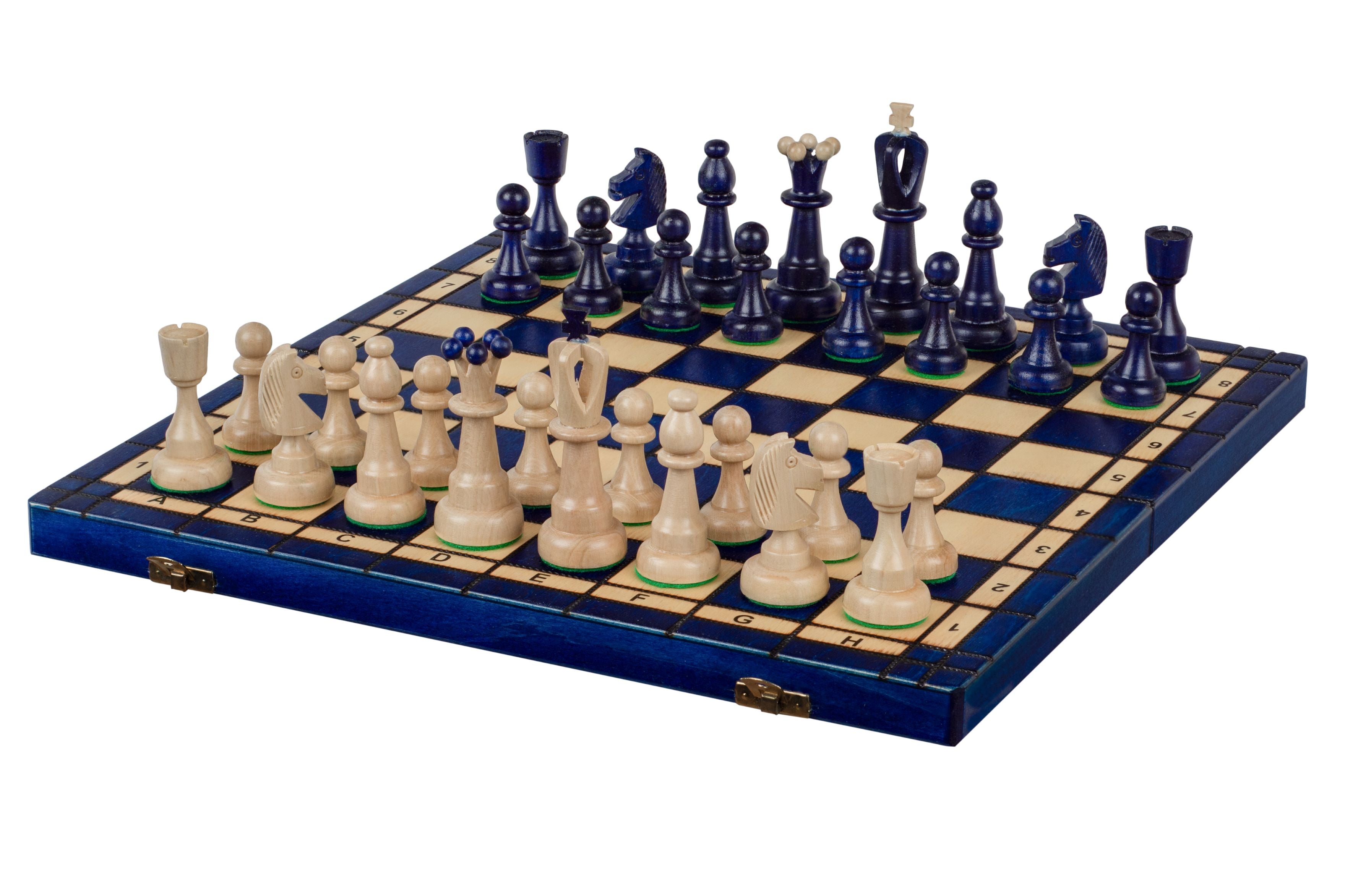 Jeu d'échecs d'AS Bleu en bois de charme, de taille moyenne (41 x 41cm) - Ensemble Complet - Jeu d'échecs d'AS Bleu en bois de charme, de taille moyenne (41 x 41cm) - Ensemble Complet