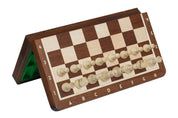 Jeu d'échecs MAGNETIQUE avec l'échiquier pliant marqueté de bois d'acajou et sycomore, de petite taille (28 x 28cm) - Ensemble Complet