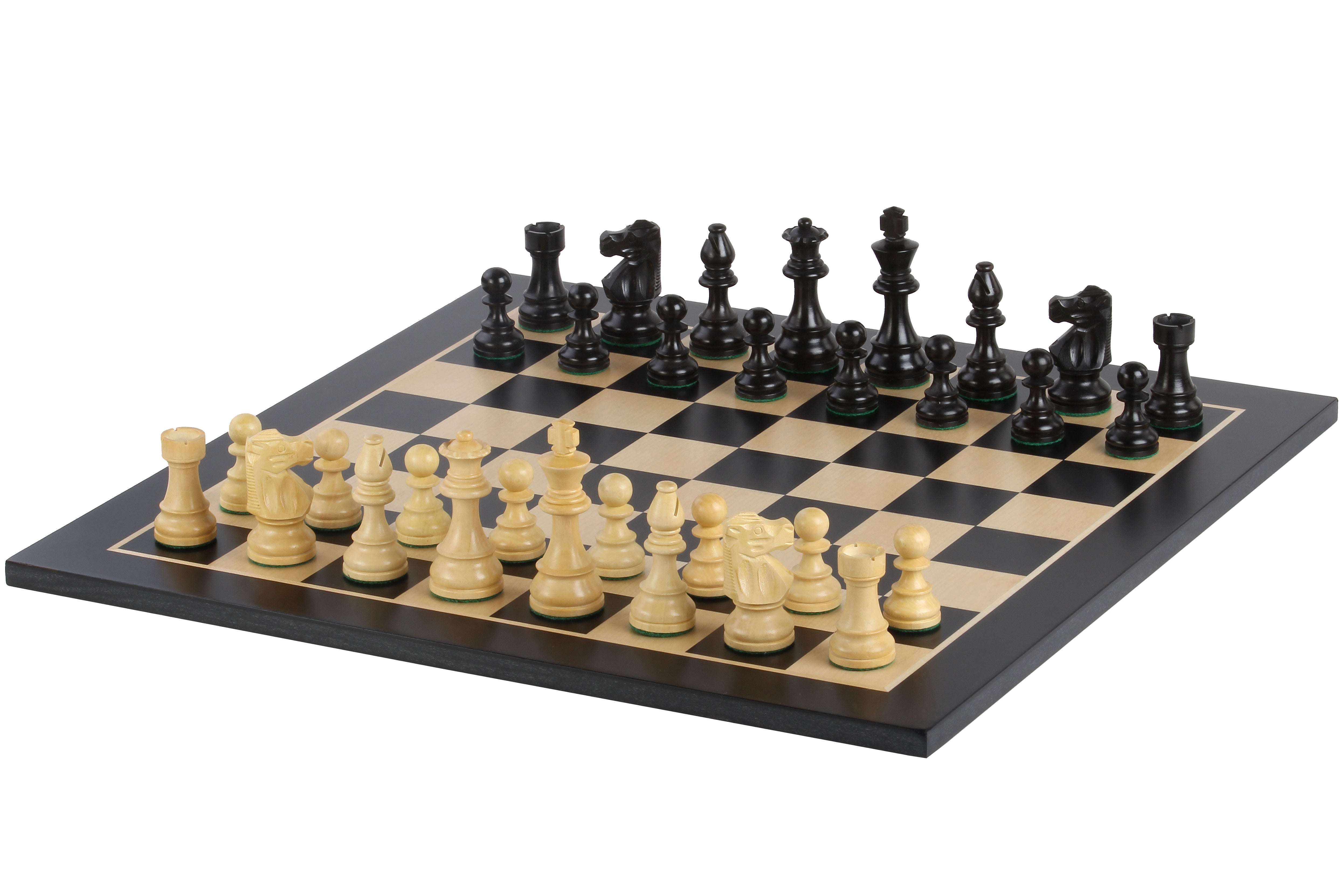 Échiquier en marqueterie de bois de sycomore teinté noir et naturel  + Pièces d'échecs French Ebonized - Ensemble de taille 6 - Échiquier en marqueterie de bois de sycomore teinté noir et naturel  + Pièces d'échecs French Ebonized - Ensemble de taille 6